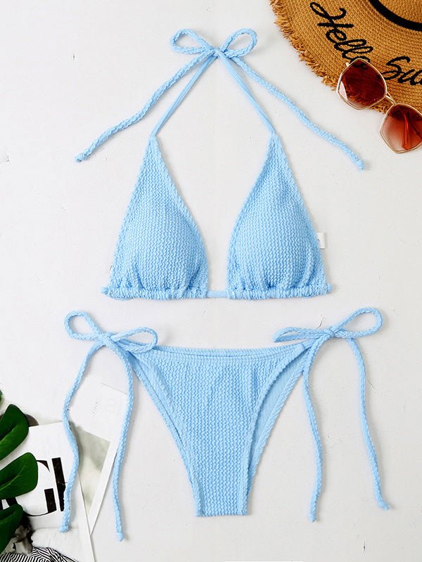 Bikinis Wavy Hanging Neck Belted Swimsuit Bikini for Women