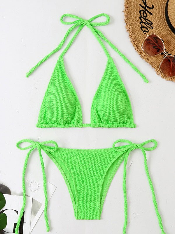 Bikinis Wavy Hanging Neck Belted Swimsuit Bikini for Women