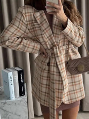 Blazers Check Print Lapel Tie Long Sleeve Blazers for Women