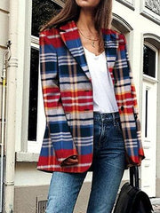 Blazers Fashion Check Print Lapel Button Blazer for Women