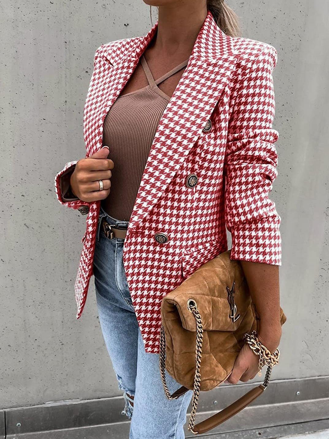 Blazers Houndstooth Print Lapel Button Slim Blazer for Women