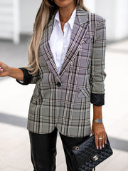 Blazers Lapel Check Print Long Sleeve Blazer for Women