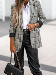 Blazers Lapel Check Print Long Sleeve Blazer for Women