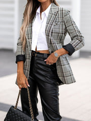 Blazers Lapel Check Print Long Sleeve Blazer for Women