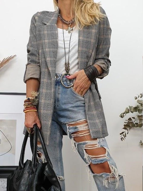 Blazers Lapel Plaid Long Sleeve Blazers for Women