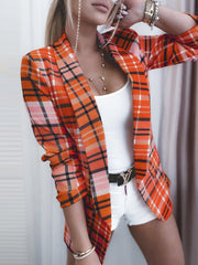 Blazers Multicolor Check Print Lapel Long Sleeve Blazers for Women
