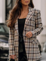 Blazers Plaid Lapel Button Pocket Long Sleeve Blazer for Women