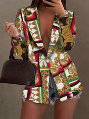 Blazers Printed Lapel Long Sleeve Buttoned Blazer for Women