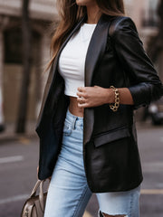 Blazers Solid Lapel Long Sleeve Leather Blazers for Women