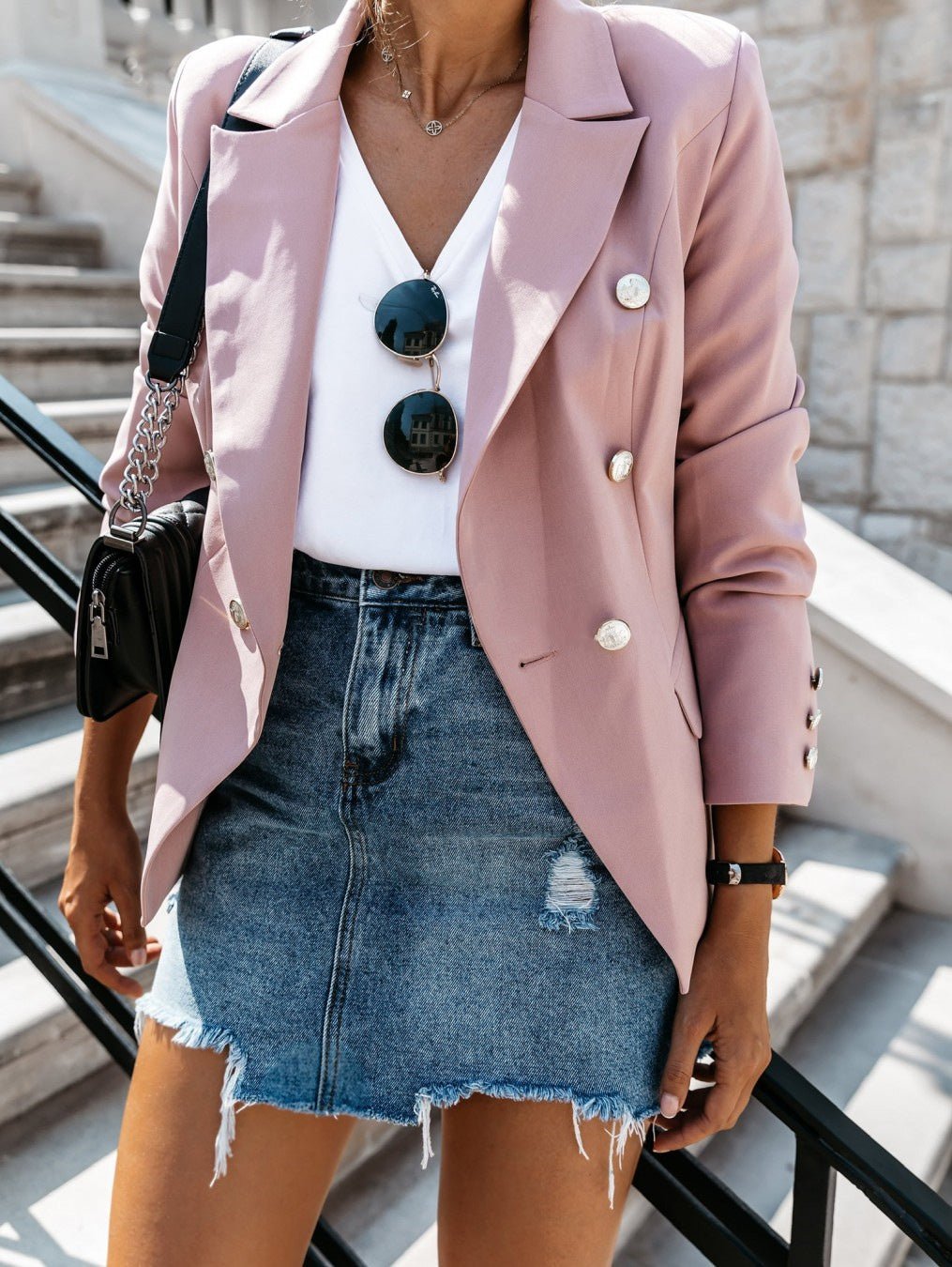 Blazers Solid Stand Collar Double Breasted Blazer for Women