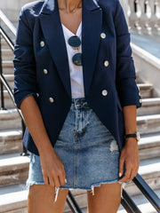 Blazers Solid Stand Collar Double Breasted Blazer for Women