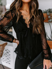 Blouse Lace Embroidery Stitching Bow Tie Long Sleeves Blouse for Women
