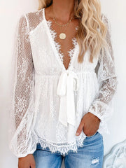 Blouse Lace Embroidery Stitching Bow Tie Long Sleeves Blouse for Women