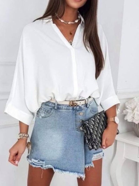 Blouses 3/4 Sleeve Lapel Pullover Blouse for Women