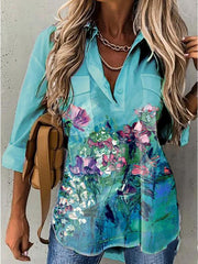 Blouses Abstract Painting Print Long Sleeve Pocket Blouse for Women