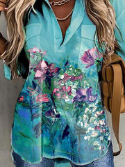 Blouses Abstract Painting Print Long Sleeve Pocket Blouse for Women
