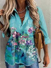 Blouses Abstract Painting Print Long Sleeve Pocket Blouse for Women