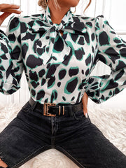 Blouses Belted Print Lantern Long Sleeve Blouse for Women