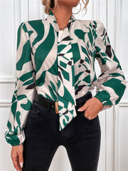 Blouses Belted Print Lantern Long Sleeve Blouse for Women