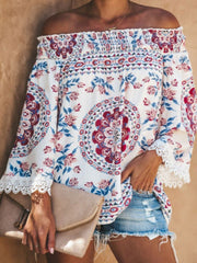Blouses Boat Neck Vintage Print Lace Long Sleeve Blouse for Women