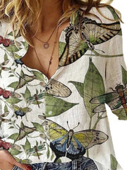 Blouses Butterfly Print Button Long Sleeve Blouse for Women