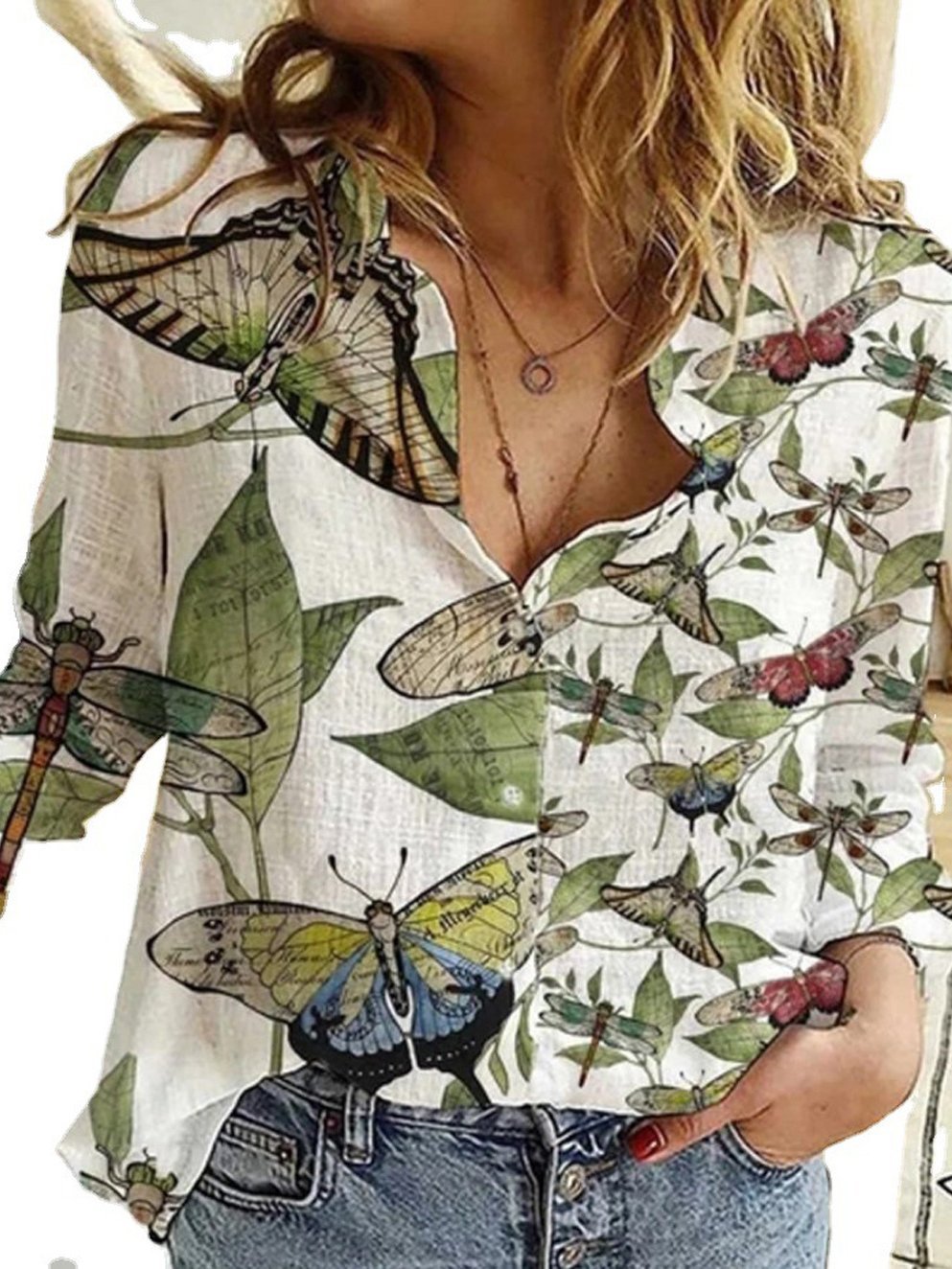 Blouses Butterfly Print Button Long Sleeve Blouse for Women