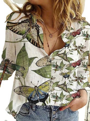 Blouses Butterfly Print Button Long Sleeve Blouse for Women