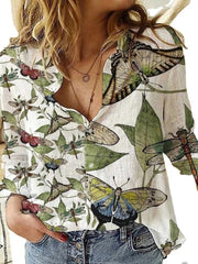 Blouses Butterfly Print Button Long Sleeve Blouse for Women