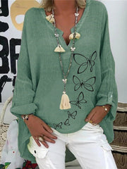 Blouses Butterfly Print V-Neck Irregular Blouse for Women