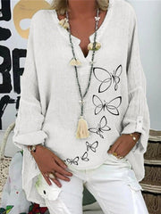 Blouses Butterfly Print V-Neck Irregular Blouse for Women