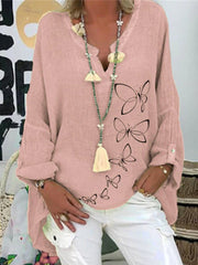 Blouses Butterfly Print V-Neck Irregular Blouse for Women