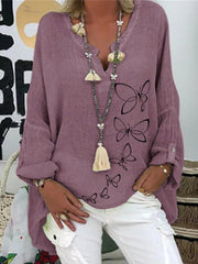 Blouses Butterfly Print V-Neck Irregular Blouse for Women
