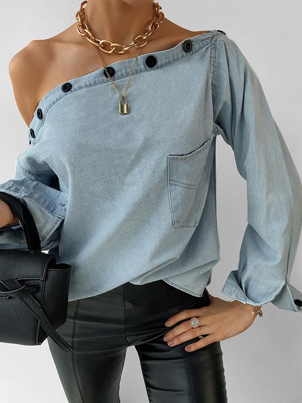 Button Boat Neck Off Shoulder Pocket Long Sleeve Denim Blouse