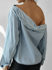 Button Boat Neck Off Shoulder Pocket Long Sleeve Denim Blouse