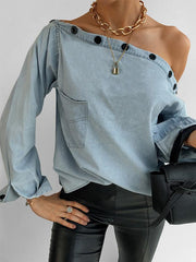 Button Boat Neck Off Shoulder Pocket Long Sleeve Denim Blouse