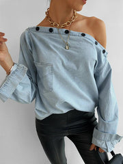 Button Boat Neck Off Shoulder Pocket Long Sleeve Denim Blouse