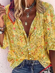 Blouses Button Lapel Botanical Print Blouse for Women