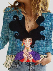 Blouses Cartoon Character Print Lapel Long Sleeve Blouse for Women