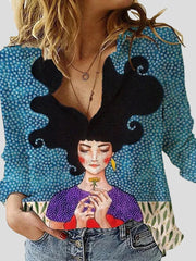 Blouses Cartoon Character Print Lapel Long Sleeve Blouse for Women