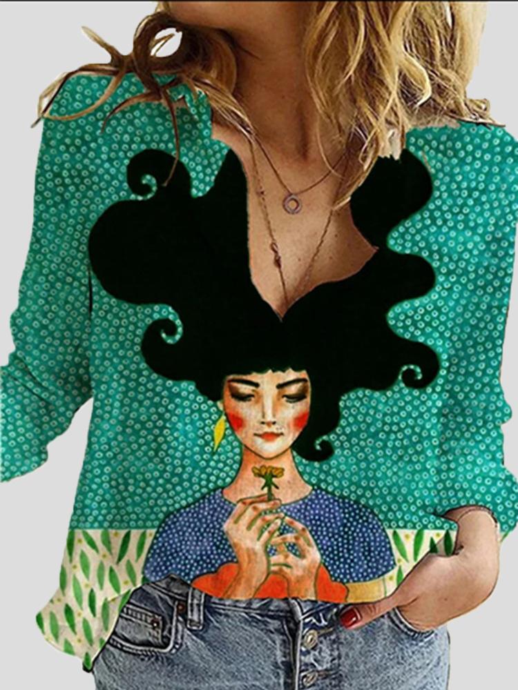 Blouses Cartoon Character Print Lapel Long Sleeve Blouse for Women