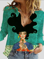 Blouses Cartoon Character Print Lapel Long Sleeve Blouse for Women