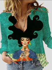 Blouses Cartoon Character Print Lapel Long Sleeve Blouse for Women