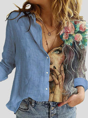 Blouses Cartoon Portrait Print Button Long Sleeve Blouse for Women