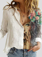 Blouses Cartoon Portrait Print Button Long Sleeve Blouse for Women
