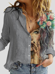 Blouses Cartoon Portrait Print Button Long Sleeve Blouse for Women