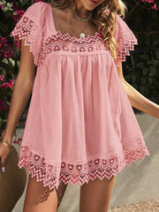 Blouses Casual Lace Square Neck Short Sleeve Blouse for Women
