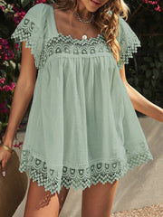 Blouses Casual Lace Square Neck Short Sleeve Blouse for Women