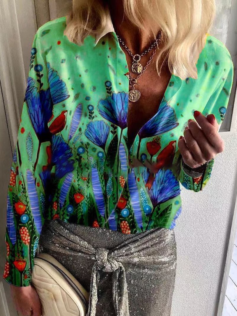 Blouses Casual Print Lapel Long Sleeve Blouse for Women