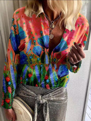 Blouses Casual Print Lapel Long Sleeve Blouse for Women