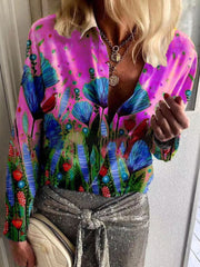 Blouses Casual Print Lapel Long Sleeve Blouse for Women
